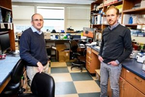 David O’Connor, left, and Thomas Friedrich of the WNPRC's Global Infectious Disease Scientific Group are pictured in their lab at the University of Wisconsin–Madison in 2020. Photo: Jeff Miller, UW-Madison